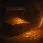Eine alte Schatztruhe, überfüllt mit Goldmünzen, steht in einer dunklen Höhle. Warmes Licht fällt von einer goldenen Ader im Fels und taucht die Szene in ein stimmungsvolles, abendliches Leuchten.