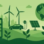 Illustration im Flat-Design mit grünem Farbschema: Ein CO₂-Rechner neben Pflanzen, Windrädern, einem Elektroauto an einer Ladesäule, Solarpanel, Stadt-Silhouette im Hintergrund und einer stilisierten Erde am Himmel – symbolisiert Nachhaltigkeit und Klimaschutz.