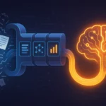 Futuristische Illustration eines Datenverarbeitungsprozesses für Künstliche Intelligenz. Links strömen chaotische, unsortierte Dokumente und Texte in eine digitale Pipeline. Die Pipeline besteht aus drei klar abgegrenzten, technisch wirkenden Segmenten, die symbolisch für Indexierung, Datenabruf und Ranking stehen. Auf der rechten Seite verlässt ein strukturierter, golden leuchtender Datenstrom die Pipeline und fließt in ein stilisiertes, strahlendes KI-Gehirn mit neuronalen Schaltkreisen. Der Hintergrund ist dunkel und abstrakt, mit kühlen Blau- und Violetttönen, die im Kontrast zum warmen Gold stehen.