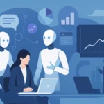 llustration im Flat-Design zeigt zwei humanoide KI-Roboter, die mit einer Geschäftsfrau an einem Laptop arbeiten. Im Hintergrund befinden sich Diagramme, Datenvisualisierungen und eine ansteigende Kurve, die technologische Entwicklung und Automatisierung symbolisieren.