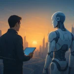 Mensch und KI-Roboter blicken gemeinsam auf eine futuristische Stadt im Sonnenaufgang – Symbol für Fortschritt durch künstliche Intelligenz