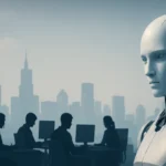 Humanoider Roboter beobachtet Büroangestellte vor Stadtsilhouette – Symbol für KI-Systeme und deren Auswirkungen auf den Arbeitsmarkt in den kommenden 12 bis 24 Monaten.