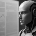 Realistische 3D-Darstellung eines humanoiden Roboters, der ein Dokument betrachtet – symbolisiert künstliche Intelligenz, visuelles Gedächtnis und DeepSeek-OCR-Technologie im futuristischen Stil.