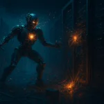 Digital painting of a humanoid AI robot rampaging through a dark server room, with sparks and torn cables flying around. (by openai)